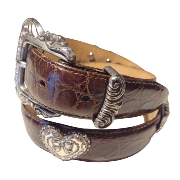 Brighton Belt Brown Croc Embossed Leather Silver Heart Conchos Small USA Vintage - Picture 3 of 16